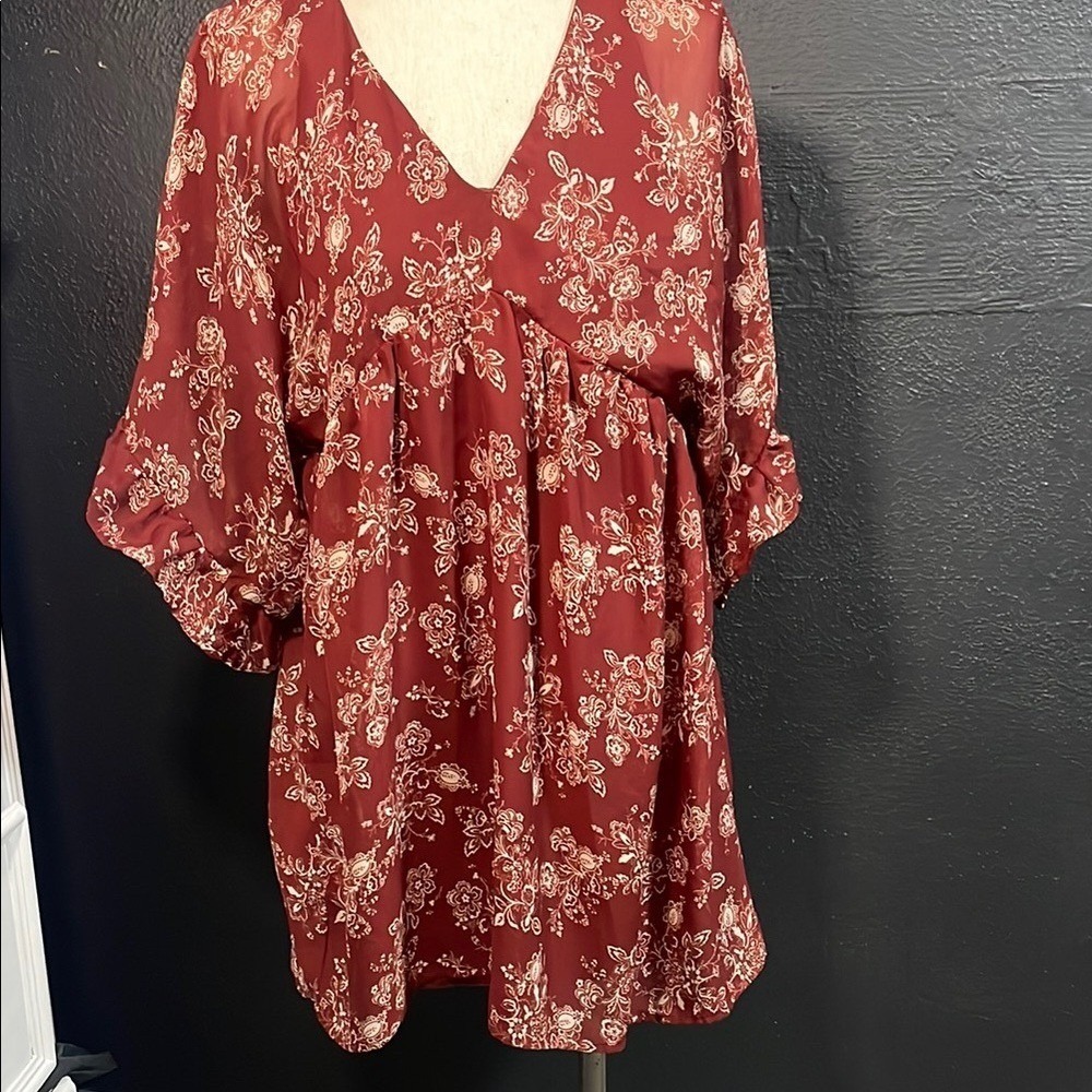 Bailey Blue Womens Burgundy Floral Print V Neck Babydoll Dress Ruffle Sleeve M